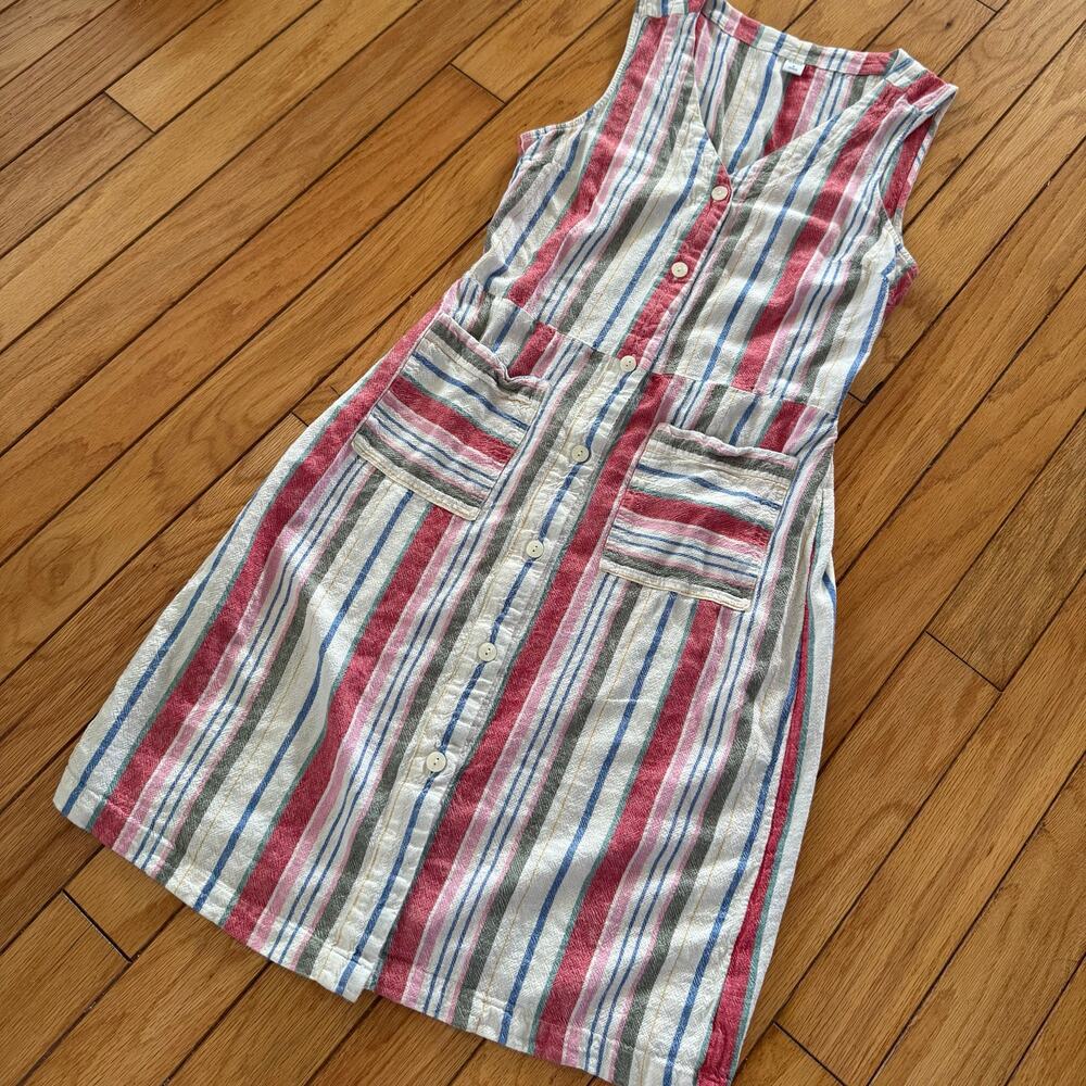 Old Navy Striped Linen Sleeveless Button Front Dress Pockets Medium ResortWear